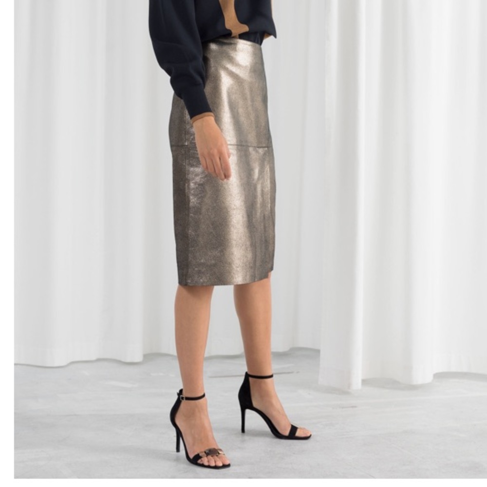 & Other Stories Gold Leather Pencil Skirt